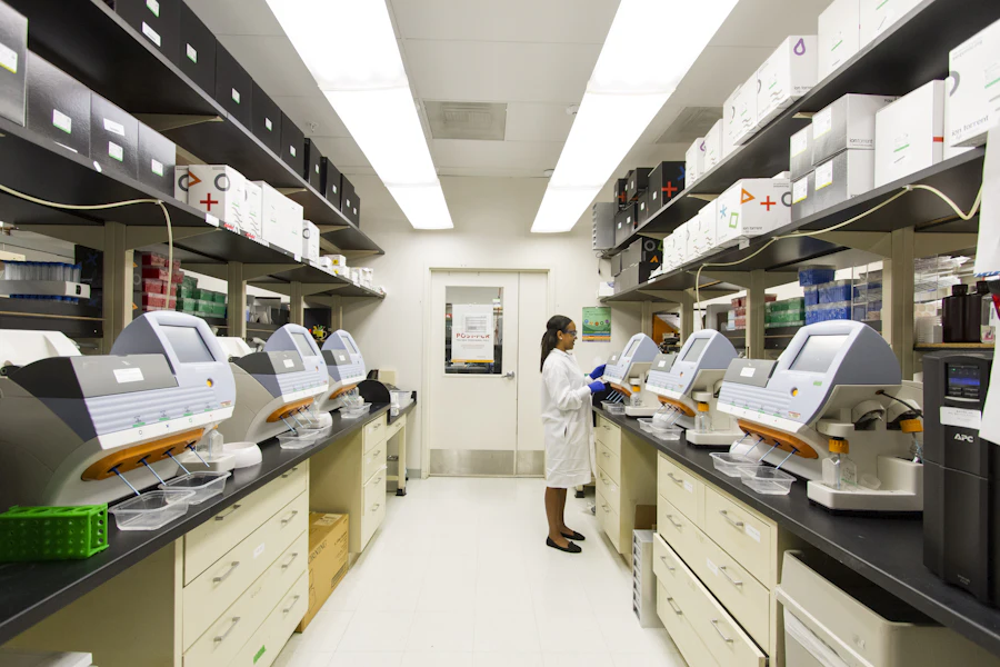 Pharmacy dispensing area with technicians filling prescriptions